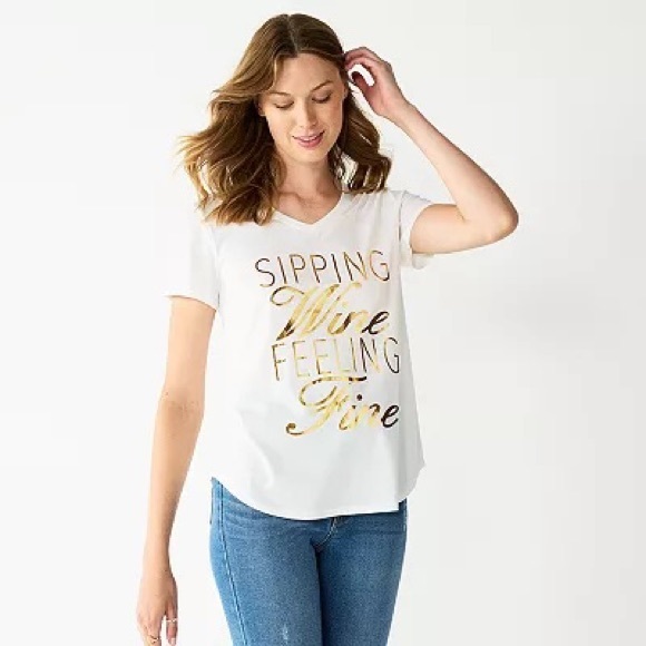 celebrate together Tops - NWT Celebrate Together White Gold Sipping Wine Graphic Tee Size XXL